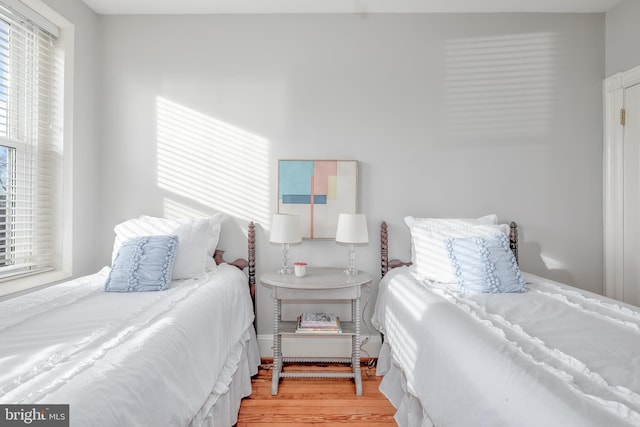 bedroom featuring multiple windows and light wood-type flooring