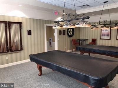 game room featuring a drop ceiling, billiards, carpet flooring, visible vents, and baseboards