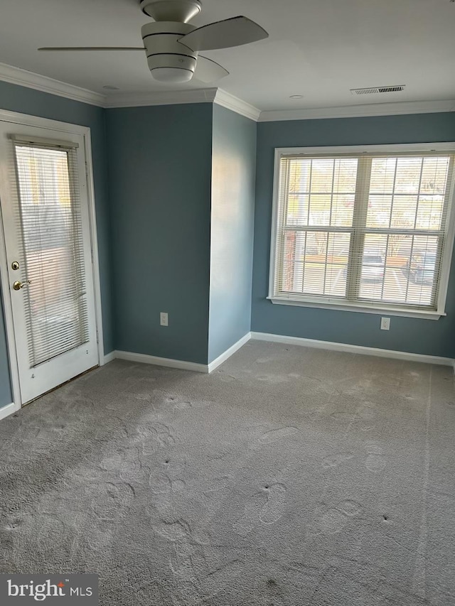 carpeted empty room featuring ceiling fan, baseboards, visible vents, and ornamental molding