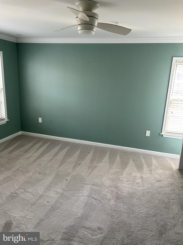 carpeted empty room with a ceiling fan, baseboards, and ornamental molding