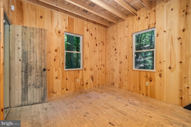 spare room with beam ceiling, wood ceiling, wooden walls, and hardwood / wood-style floors