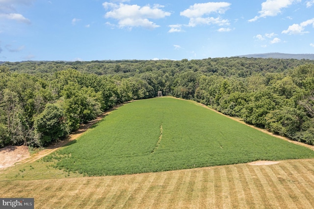 drone / aerial view featuring a wooded view