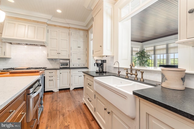 kitchen with dark countertops, dark wood-style flooring, a sink, and decorative backsplash