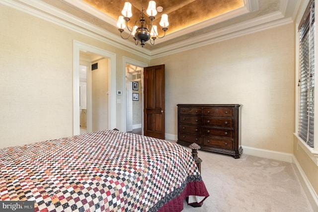 bedroom with light carpet, baseboards, an inviting chandelier, a raised ceiling, and crown molding