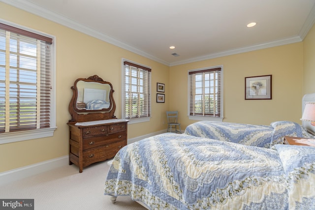 bedroom with recessed lighting, light colored carpet, visible vents, baseboards, and crown molding