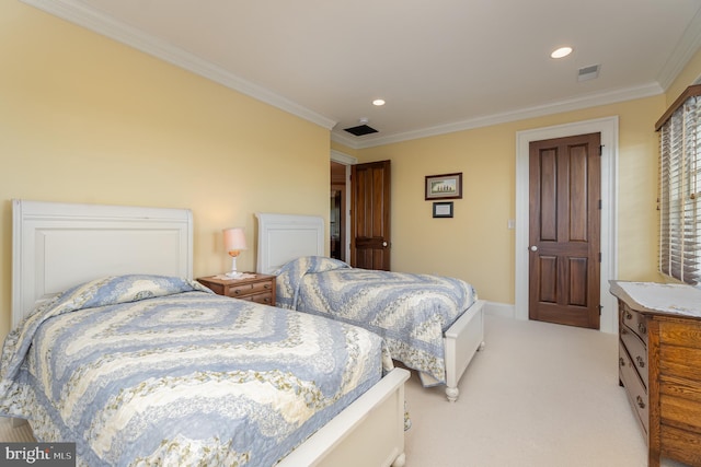 carpeted bedroom featuring visible vents, ornamental molding, and recessed lighting