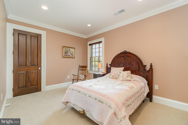 bedroom featuring light carpet, crown molding, visible vents, and baseboards