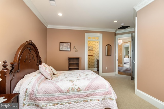 bedroom featuring light colored carpet, crown molding, and baseboards