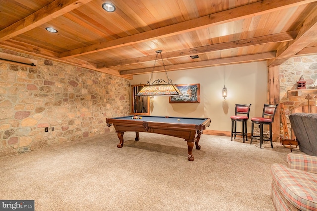 game room with carpet, wood ceiling, and beamed ceiling