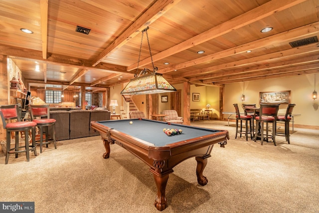 recreation room featuring a dry bar, light carpet, visible vents, beam ceiling, and recessed lighting