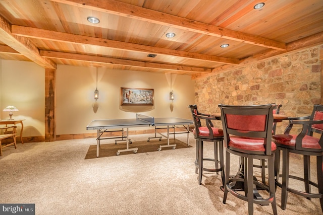 rec room featuring carpet, recessed lighting, wood ceiling, beamed ceiling, and baseboards