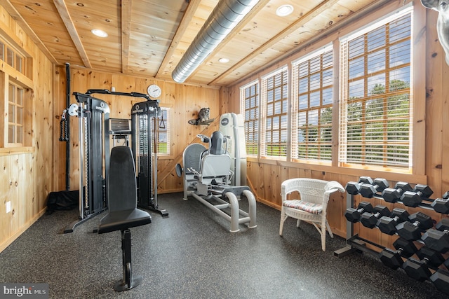 exercise room with wooden ceiling and wooden walls