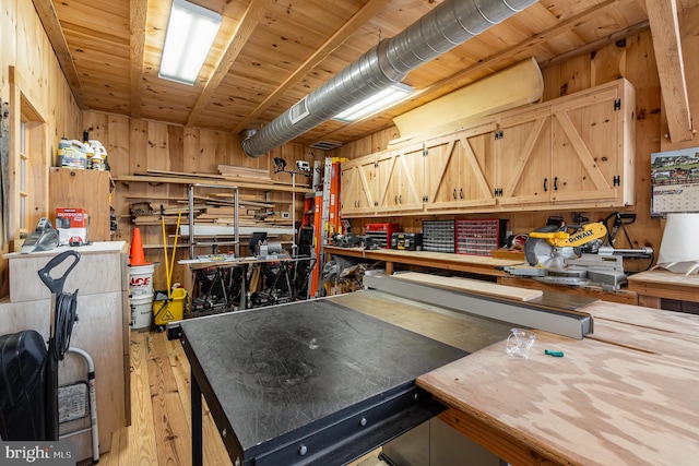 kitchen with wood ceiling, light wood finished floors, light brown cabinets, and wooden walls