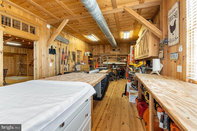 interior space with wooden ceiling, light wood-style flooring, wooden walls, and a workshop area