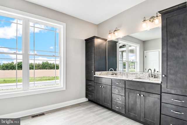 bathroom with double vanity, visible vents, baseboards, wood finished floors, and a sink