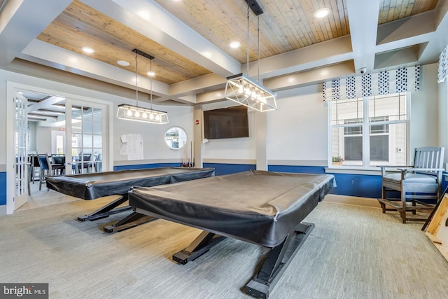 rec room with light colored carpet, pool table, coffered ceiling, wood ceiling, and beam ceiling