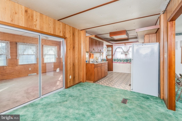 interior space featuring light colored carpet and wooden walls