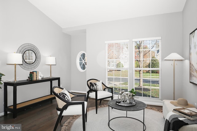 sitting room with dark wood-style floors, lofted ceiling, and baseboards