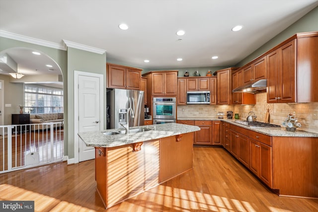 kitchen featuring under cabinet range hood, tasteful backsplash, appliances with stainless steel finishes, and light wood finished floors