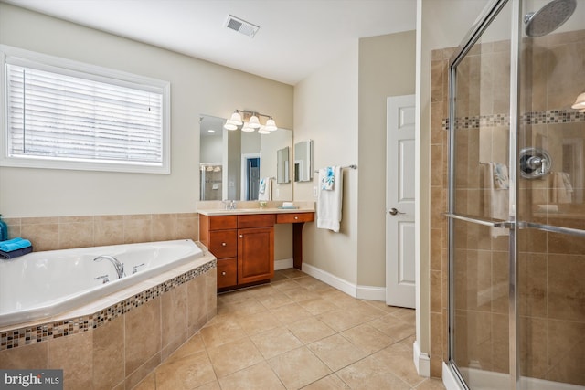 bathroom featuring a stall shower, visible vents, tile patterned floors, vanity, and a bath