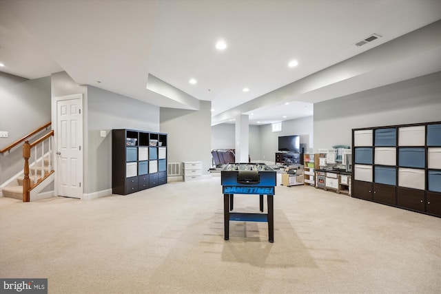 game room featuring baseboards, carpet floors, visible vents, and recessed lighting