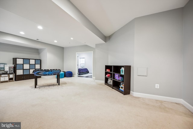 recreation room with carpet floors, recessed lighting, and baseboards