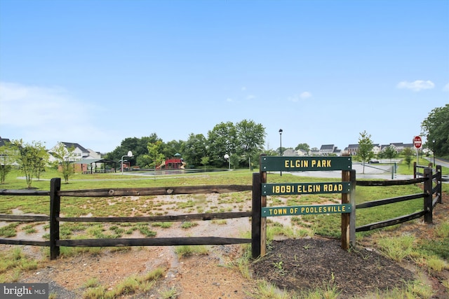 view of gate with a rural view and fence