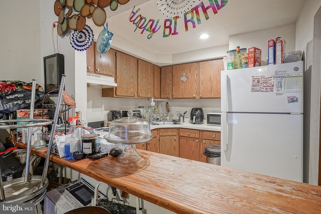 kitchen featuring brown cabinetry, freestanding refrigerator, light countertops, under cabinet range hood, and a sink