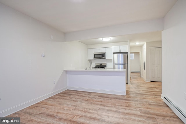 kitchen with white cabinets, a peninsula, stainless steel appliances, baseboard heating, and light wood-type flooring