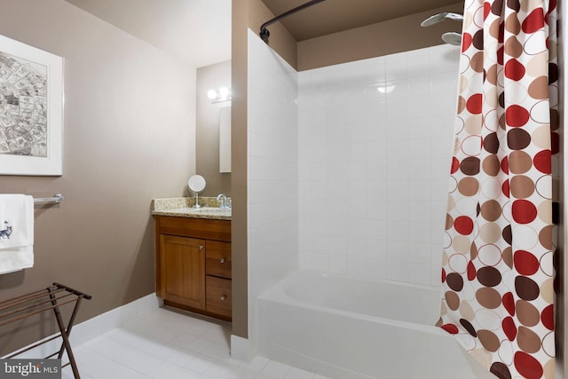 bathroom featuring shower / tub combo, tile patterned flooring, and vanity