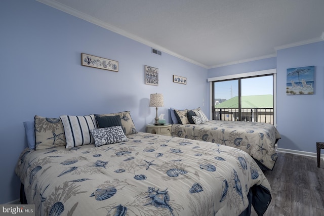 bedroom with access to exterior, dark wood finished floors, visible vents, ornamental molding, and baseboards