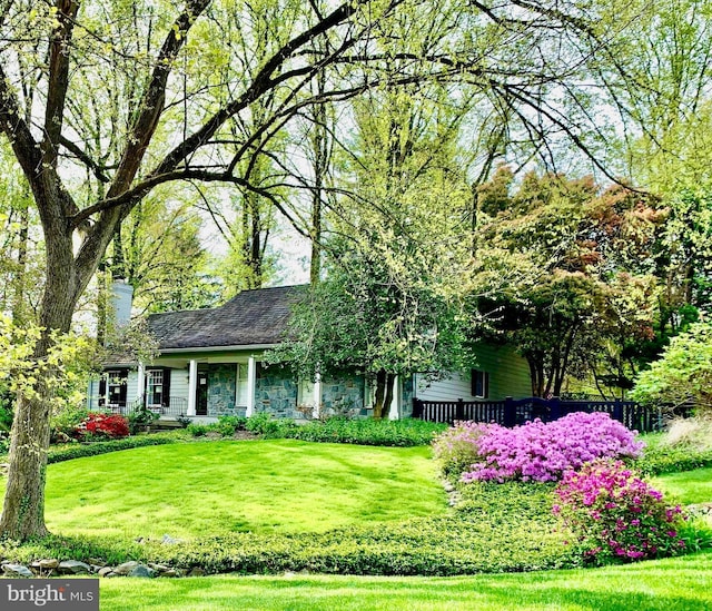 view of front of house featuring a chimney and a front lawn