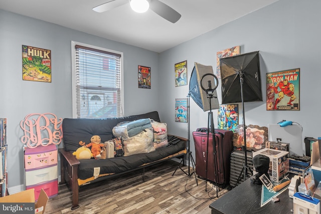 bedroom with ceiling fan and wood finished floors