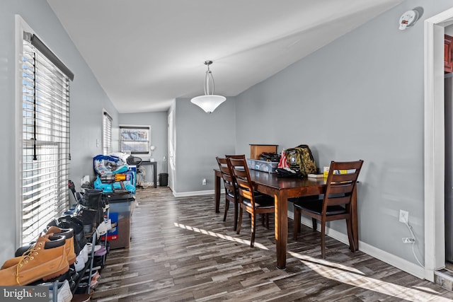 dining room featuring baseboards, vaulted ceiling, and wood finished floors