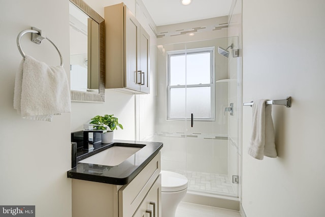 full bathroom with a stall shower, vanity, and toilet