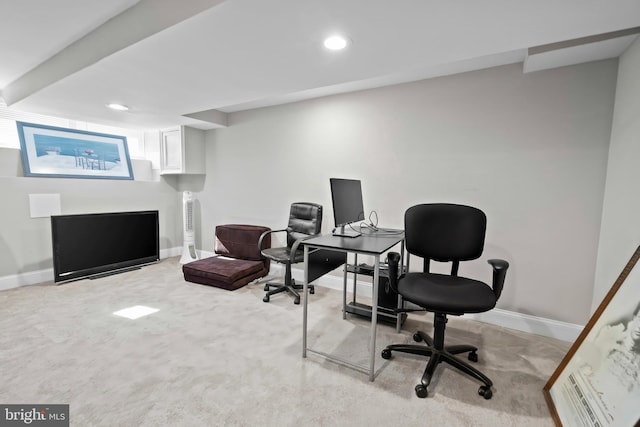 office area featuring recessed lighting, light carpet, and baseboards