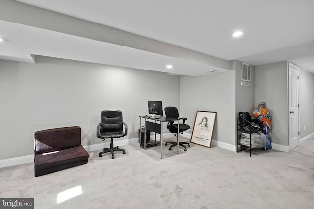 carpeted office with recessed lighting, visible vents, and baseboards