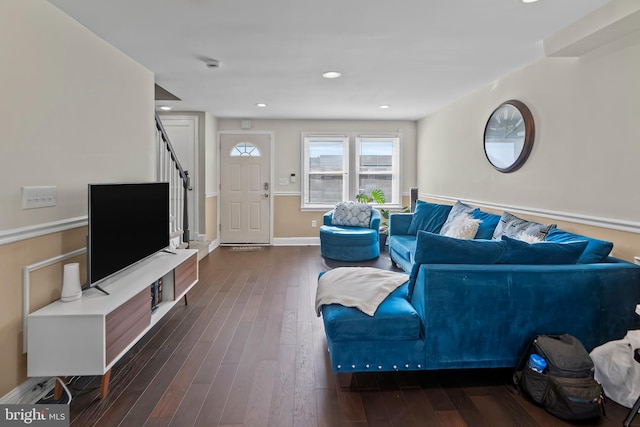 living room with stairs, baseboards, dark wood finished floors, and recessed lighting