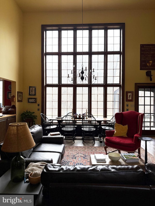 living room with a high ceiling