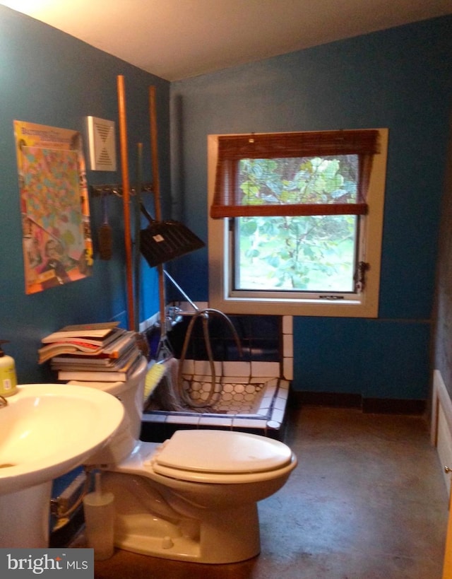 bathroom with lofted ceiling and toilet