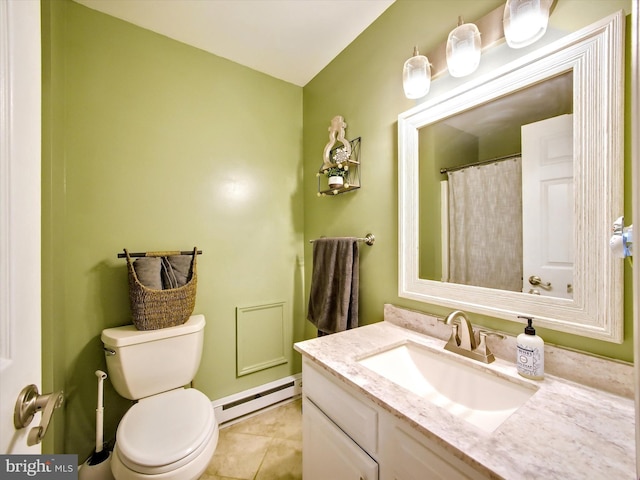 full bathroom featuring vanity, tile patterned flooring, curtained shower, toilet, and baseboard heating