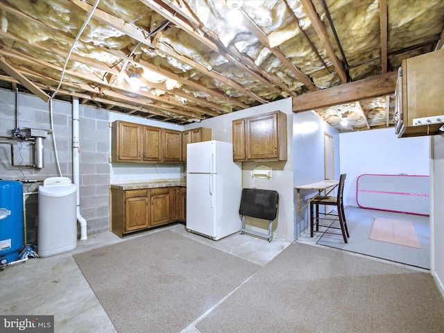 unfinished below grade area with concrete block wall and freestanding refrigerator