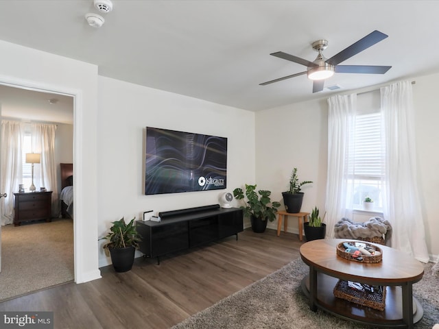 living area with ceiling fan, visible vents, baseboards, and wood finished floors