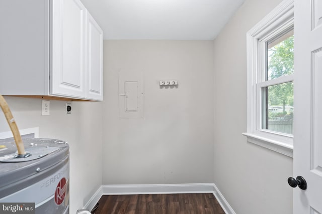 washroom featuring cabinet space, baseboards, dark wood-type flooring, electric panel, and hookup for an electric dryer