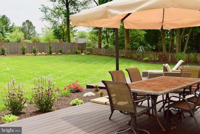 wooden terrace featuring outdoor dining area, a fenced backyard, and a yard