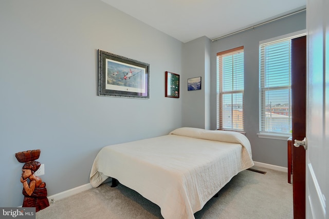 bedroom with carpet flooring, baseboards, and multiple windows