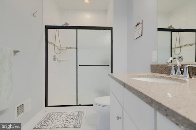 full bath featuring visible vents, vanity, a shower stall, and toilet