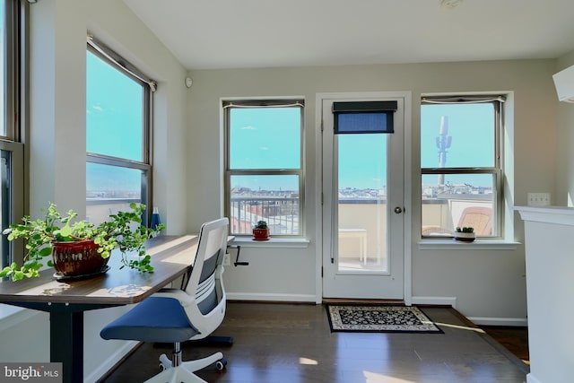 doorway featuring a healthy amount of sunlight, baseboards, and dark wood finished floors