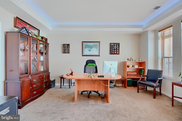 office space with a raised ceiling, visible vents, light carpet, and baseboards