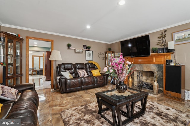 living area featuring a fireplace, crown molding, and recessed lighting